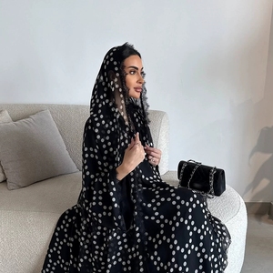 <span class=keywords><strong>Abaya</strong></span> Traspirante all'Ingrosso per Donne Musulmane, Sciarpa in Chiffon a Pois con Bordo in Pizzo, Elegante Abito Lungo Islamico in Poliestere - Product Image 1
