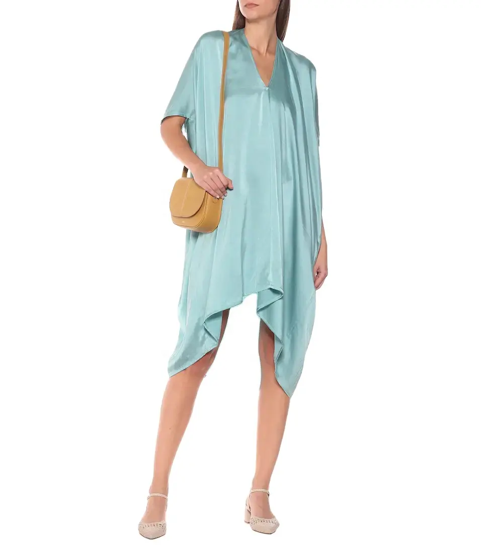 Kısa kollu yeni moda V boyun düzensiz uzun etek fabrika özel 100% ipek kumaş ipek elbise