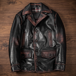 Veste en cuir véritable vintage pour homme, col rabattu, simple boutonnage, style décontracté - Product Image 4