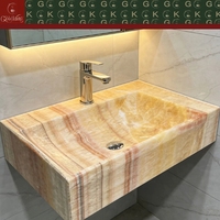 Évier de salle de bain rectangulaire en marbre GOLDKING, design moderne, veinures rouges orangées, finition de bord découpée au laser