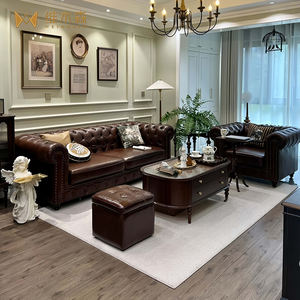 Estilo americano Chersfield Vintage cuero genuino usado sofá extraíble, juego de sofá para sala de estar, arte de cuero madera maciza europea - Product Image 1