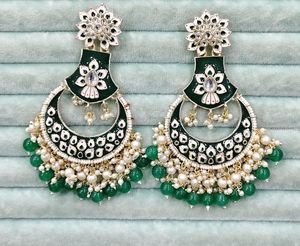 Boucles d'oreilles chandelier en perles vertes avec perles et strass en cristal pour femmes, bijoux ethniques de mariage - Product Image 2