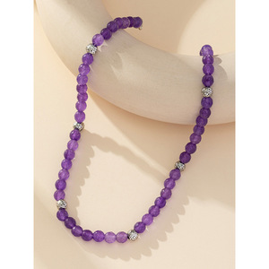 Collier de perles d'améthyste en pierre naturelle, forme boule violette, design géométrique, chaîne de pull tendance, bijoux à superposer - Product Image 4