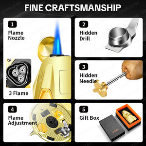Briquet à cigare CIGARLOONG en forme de fusée, 3 jets de flamme réglables, coupe-vent, torche métallique personnalisée avec poinçon et aiguille intégrés - Product Image 2