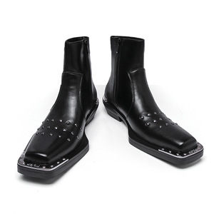 Trendy Square Toe High Heel Ankle <b>Boots</b> for Men <b>Spring</b> & Autumn High Top Metal Toe Zipper Casual Party Short <b>Boots</b> - Product Image 5