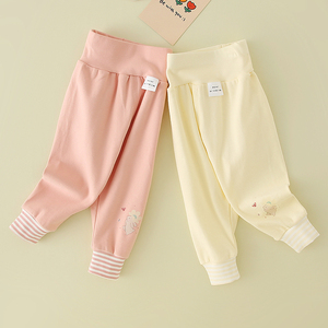 Pantalones Largos de Algodón de Cintura Alta para Niñas, con Estampado de Dibujos Animados, Puños a Rayas, Protección Abdominal, Abertura en la Entrepierna, Pantalones Casuales para Bebés - Product Image 2