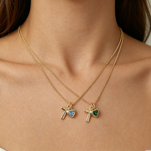Collar con colgante de cruz de piedra de nacimiento de julio, forma de corazón, cristiano, moderno, chapado en oro de 18 quilates, gargantilla delicada, venta al por mayor - Product Image 2