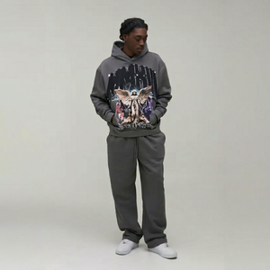 Men's Gray Hooded Tracksuit With Angel Print Full Length Streetwear Sweatshirt And Pants Set Loose Fit Midweight Cotton Autumn - Product Image 1
