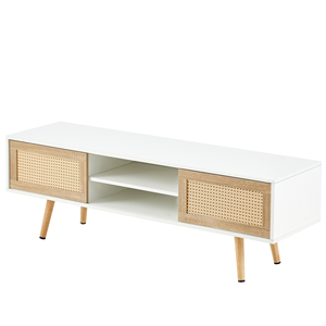 Rattan TV Cabinet 55.12 In Double <b>Sliding</b> Doors Adjustable <b>Shelf</b> Solid Wood Legs Living Room Console - Product Image 4