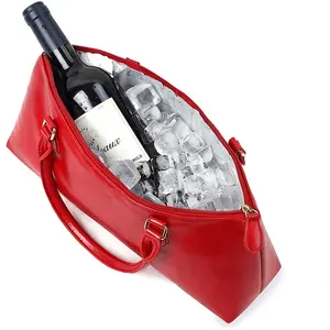 Bolso rojo de cuero sintético con aislamiento de una botella para vino, bolso enfriador de piel sintética, bolso de mano grande para vino