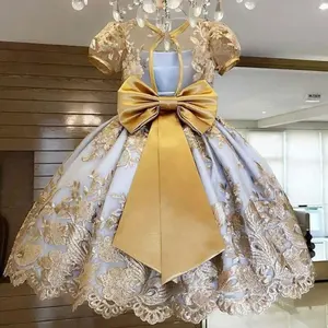 Rok Anak Perempuan Lengan Pendek Desain Gaun Pesta Ulang Tahun Anak Perempuan, Gaun Renda Applique untuk Anak Kecil Perempuan