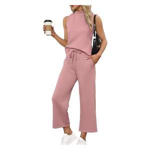 Trajes de verano de dos piezas para mujer, Tops con cuello simulado de patrón sólido con pantalones cortos de pierna ancha para viajes de vacaciones para conjuntos de salón - Product Image 3