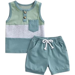 Ensembles de vêtements pour garçons, été, coton, trois couleurs, débardeur Henley, short à cordon de serrage, tenue pour bébé, <span class=keywords><strong>petit</strong></span> garçon, 2 pièces - Product Image 2