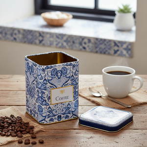 1L Slip <b>Lid</b> Square Metal Tin <b>Box</b> 90x90x125 mm Azulejo-Inspired Blue White <b>Decorative</b> Pattern Recyclable Food Grade for Beverage - Product Image 3
