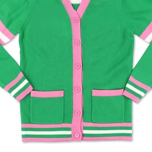 Suéter Cárdigan Verde de Punto para Mujer, Estilo Universitario, con Rayas Rosas y Blancas, Cuello en V, Manga Larga, Venta al Por Mayor - Product Image 5