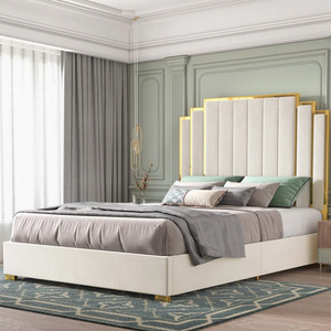 PZCN HOME Wholesale Cheap Modern White Fabric Upholstered <strong>Bed</strong> king Size <strong>Bed</strong> <strong>Frame</strong> Queen Size <strong>Bed</strong> <strong>Frame</strong> with <strong>Gold</strong> Decoration - Product Image 1