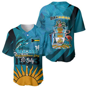 Camiseta de Béisbol del Día de la Independencia de las Bahamas, 10 de Julio, con Estampado Personalizado de la Bandera de las Bahamas, Pez Marlín Azul Bahamense y Hibisco - Product Image 2
