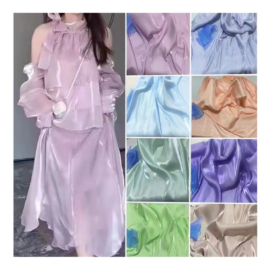 Kain organza cair berkilau kualitas tinggi 20D * 50D 59 gsm kain satin ringan kain pakaian untuk garmen