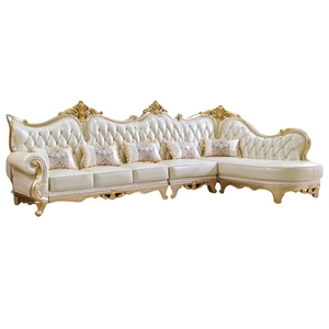 Divano Angolare a L di Lusso Reale Europeo in Legno Massello Dorato e Pelle per Matrimoni, Combinazione Divano a Due Posti per Soggiorno - Product Image 5