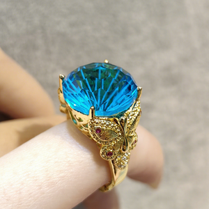 Mujeres oro tallado artesanía arco fuegos artificiales corte esmeralda verde azul anillo azul marino anillo para damas - Product Image 4