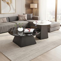 Table basse ronde de luxe moderne, carreaux de céramique noirs, pieds en bois, rangement, facile à nettoyer, salon, restaurant, hôtel, villa, meubles