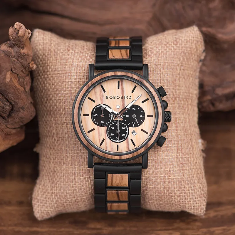 Bobo bird relógio de pulso, relógio de madeira masculino clássico feito à mão, logotipo personalizado com relógios cronógrafos de quartzo