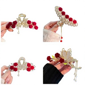 Pince à cheveux GUOO <span class=keywords><strong>pour</strong></span> femme 2023, grande, en alliage, avec pampilles papillon rose, style vintage, strass, design requin, <span class=keywords><strong>pour</strong></span> <span class=keywords><strong>mariage</strong></span> traditionnel chinois - Product Image 1