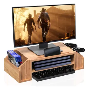 Bamboo Double Layer Storage Desk Organizer For Laptop Monitor Computer With Storage Bins