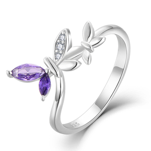 S925 améthyste papillon bague Design bijoux plaqué rhodium élégant violet pierre précieuse zircon cubique bague en argent Sterling pour les femmes - Product Image 1