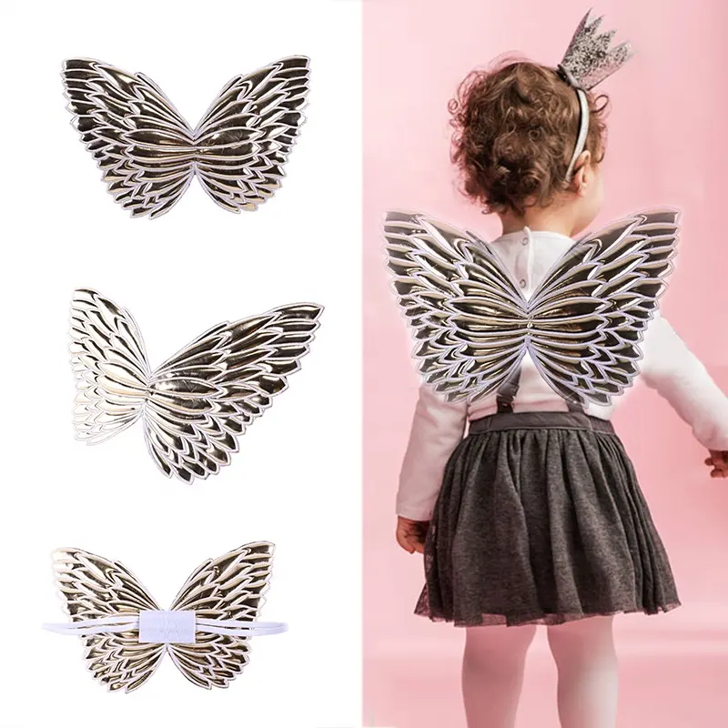 Moda metalik altın pu deri yastıklı kelebek peri kanat performans melek kanatları çocuklar için