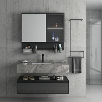 Luxury Matte Black Floating Modern Bathroom Vanity Ceramic Wall-Mounted Smart LED Glass Mirror Cabinet Toothbrush Holder Set