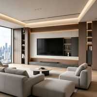 Muebles de Sala de Estar de Madera a Medida para Residencias de Lujo Modernas, Base de Piedra, Retroiluminación LED, Pared de Fondo para TV con Acabado Mate