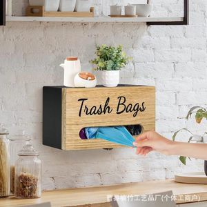 Boîte de rangement murale en bois pour sacs poubelles, organisateur de cuisine multifonction avec système coulissant - Product Image 1