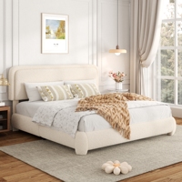 Lit plateforme luxueux et réglable en tissu bouclé avec tête de lit arrondie et pied de lit rembourré pour une décoration de chambre moderne