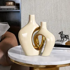 Elektroliz lüks beyaz ve altın ev otel dekoratif seramik kavanoz çiçek vazo