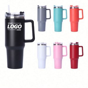 Gobelet isotherme en acier inoxydable de 40 oz avec poignée et paille - Tasse de voiture isolée en gros pour cadeaux d'extérieur - Product Image 1