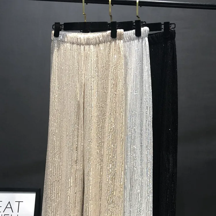 Silver Full Sequined 2023 Women Wide Leg Pant Elastic Waist Bling Luxury Chic Capris Casual Gold Long Pant Female Club