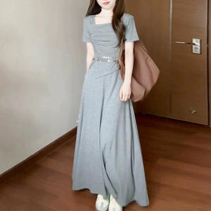 Vestido Largo Estilo Francés Color Gris Claro para Mujer, Cuello Cuadrado, Color Sólido, Uso Diario Informal, Transpirable, Cintura Natural, Poliéster - Product Image 5