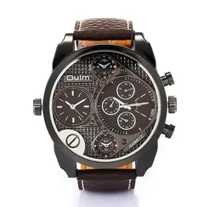 Oulm 9316 stylish odm gents quartz watch taobao Genuine Leather Strap 4 time zone Chronograph big business watch manufacturer