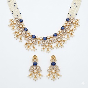 Designer 925 <b>Silver</b> Pearl Kundan Necklace Set With Blue Stone Bridal Jewelry Traditional Wedding <b>Choker</b> Set For Women - Product Image 1