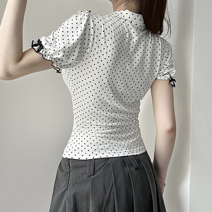 Chemisier vintage à pois pour femme, blanc, boutonné devant, manches bouffantes, détail en dentelle, coupe ajustée, style français - Product Image 6