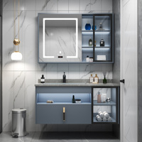 Meja Rias Kamar Mandi Minimalis Modern dengan Wastafel untuk Ruangan Kecil Desain Menggantung dengan Cermin Pintar dan Penyimpanan Kabinet Samping