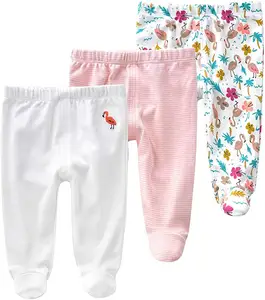 Pantalon à pieds pour nouveau-né, Leggings décontractés 100% en coton, souples, confortables, respectueux de la peau, à impression brodée, pour bébé de 0 à 12 mois