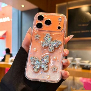 Coque de téléphone transparente antichoc avec cadre diamanté, motifs fleurs et papillons, paillettes époxy, pour iPhone 17 16 15 Pro Max - Product Image 1