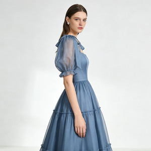 Robes pour femmes à col carré, manches courtes bouffantes, en tissu organza, avec ourlet à volants superposés, maxi, formelles, pour <span class=keywords><strong>mariage</strong></span>, mariée, soirée - Product Image 4