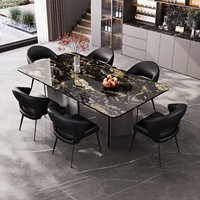Combinaison Table et Chaises de Salle à Manger Contemporaine en Pierre Naturelle Luxe Ciel Étoilé Brillant, Marbre Rectangulaire Haut de Gamme Léger