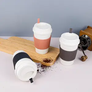 Cangkir kopi portabel dapat didaur ulang ramah lingkungan, anti bocor 450ml, cangkir kopi gandum dengan lengan silikon Mug kopi mudah terurai