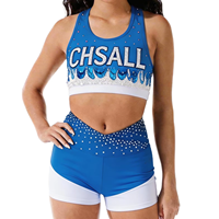 Kaos & Atasan Berhias Rhinestone Kustom Berkilau Desain Kustom Biru Mengkilap Pakaian Latihan Cheerleading Celana Pendek 2 Set Seragam