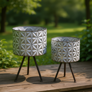 Set di 2 Supporti Rotondi in Metallo Zincato Grigio per Fioriere, Stile Rustico, per Vasi da Giardino - Product Image 2