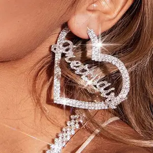 2023 Bling Luxury Two Row Rhinestone Crystal Big Large Fashion Hollow Diamond Heart Letter Earring Women Girls Party Jewelry